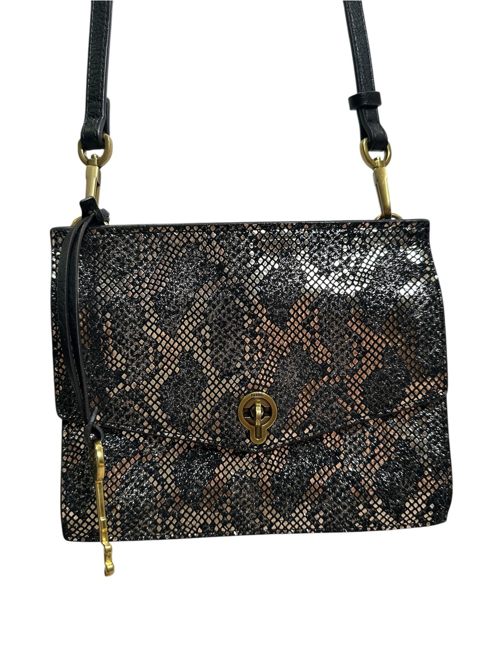 Fossil Leather Stevie Black Silver Metallic Snake-Print Small Crossbody Bag